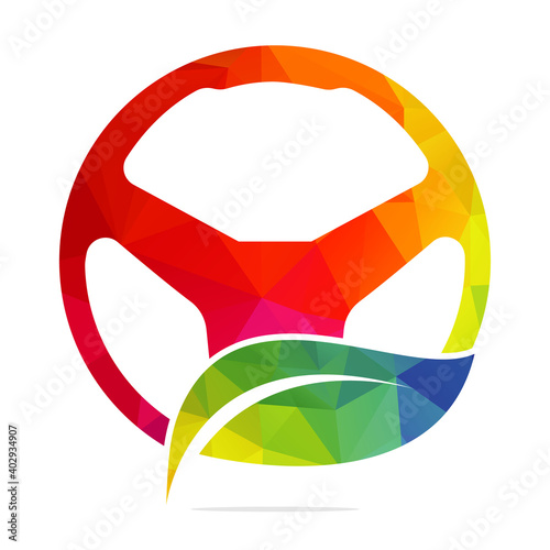 Steering wheel and leafs vector logo design. Steering wheel and eco symbol or icon.