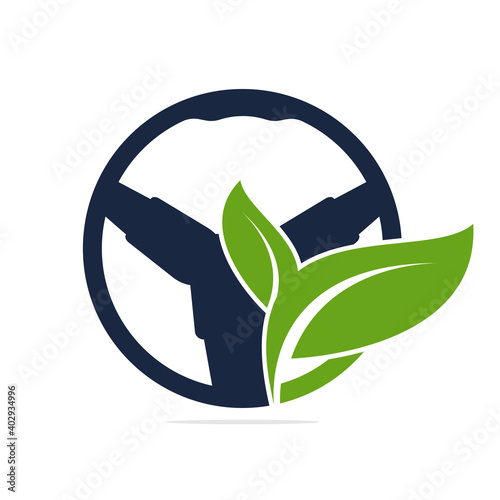 Steering wheel and leafs vector logo design. Steering wheel and eco symbol or icon.