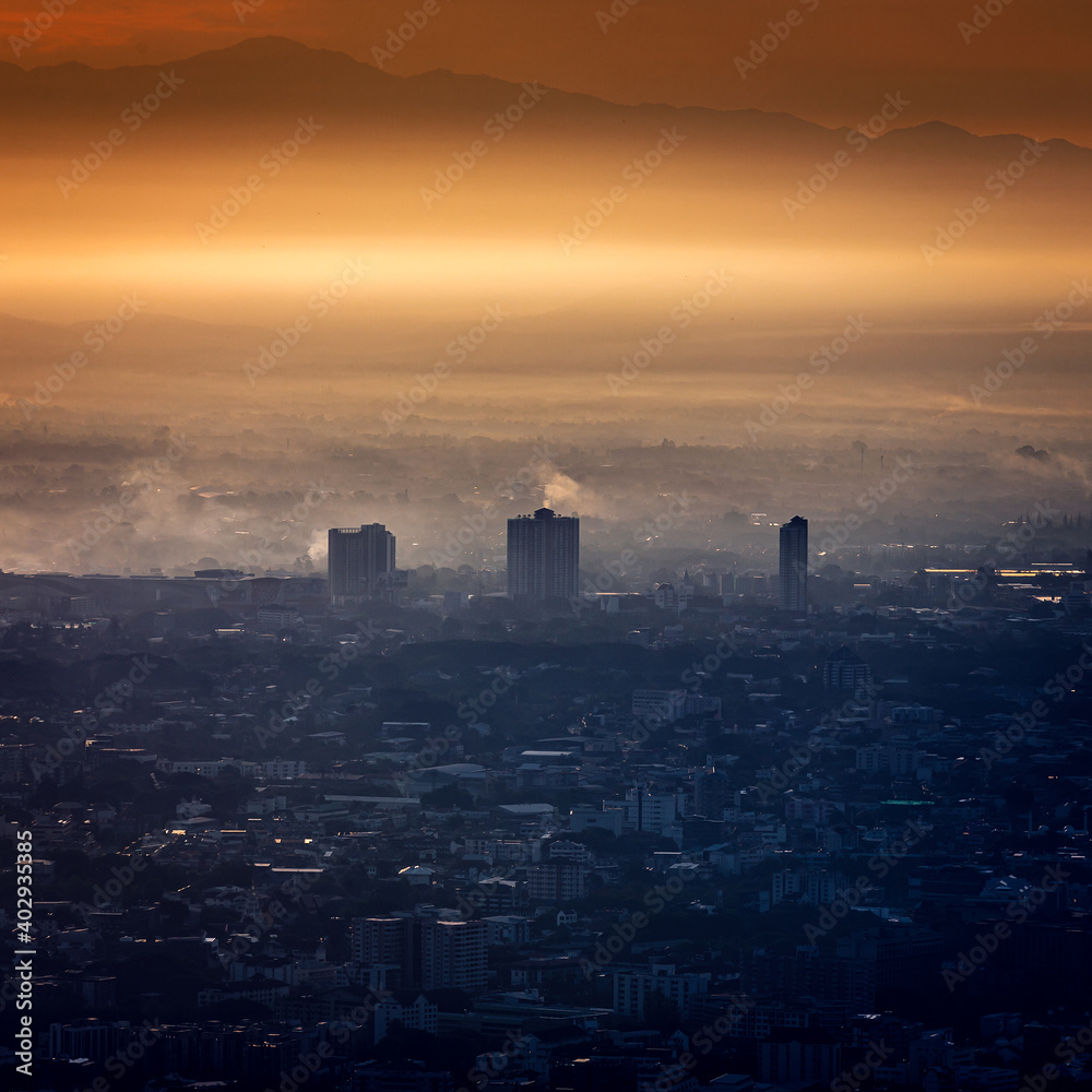 Chiang mai City skyline from the aerial view point on top of Doi Suthep mountain at dawn, Chiangmai ,Thailand
