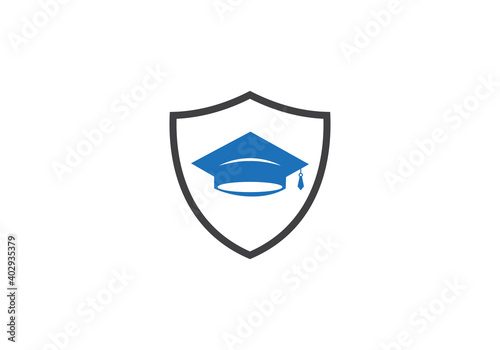 Graduation hat cap flat icon with shield. Graduation university square cap icon isolated