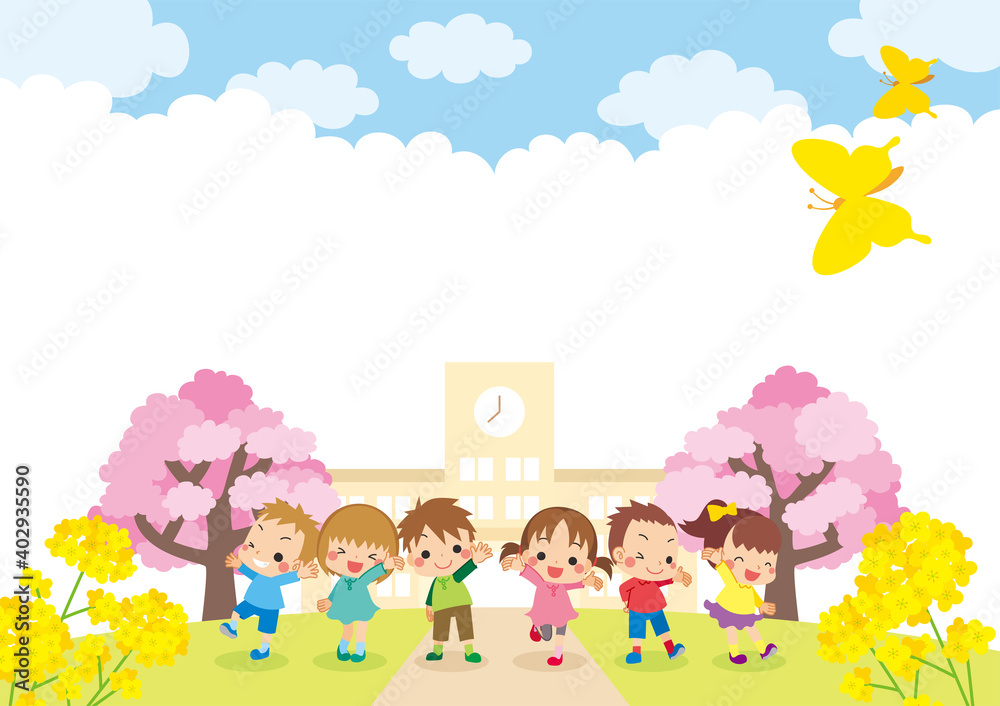 可愛い小学生の子どもたちと小学校の校舎　風景　イラスト　テンプレート