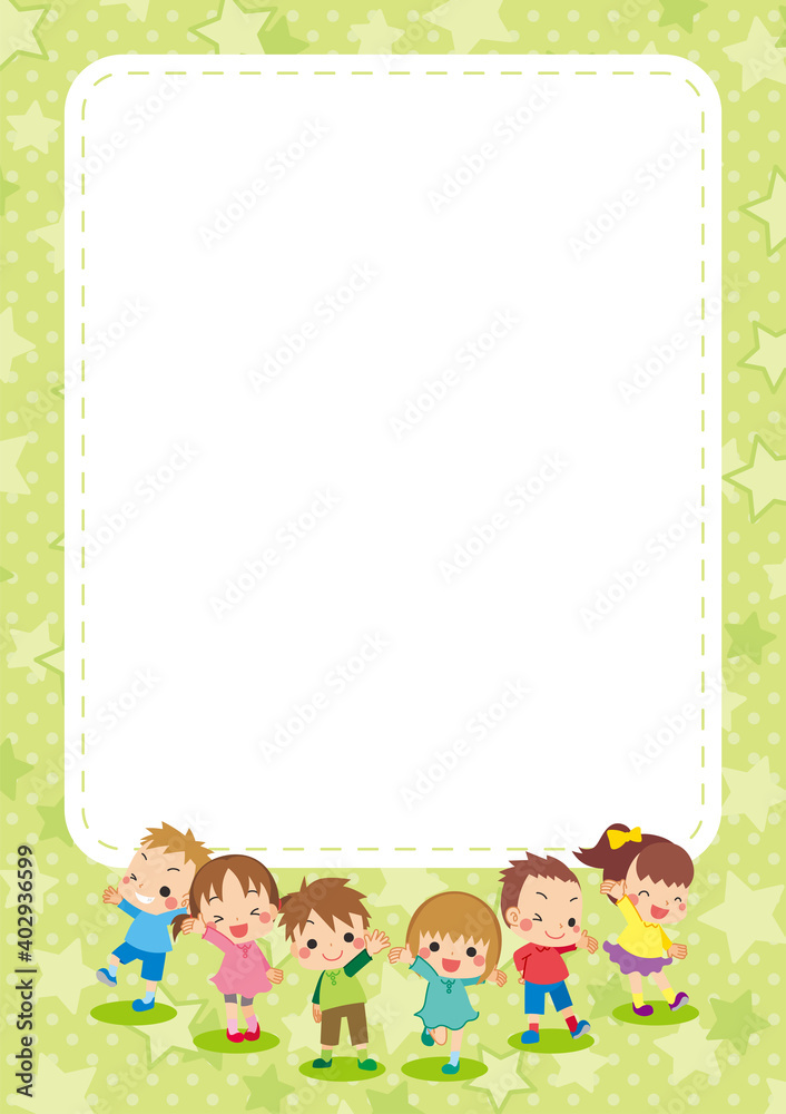 可愛い仲良しキッズグループのイラスト 星柄 フレーム テンプレート Stock Vector Adobe Stock