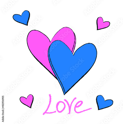 vector drawn colored hearts with word Love
