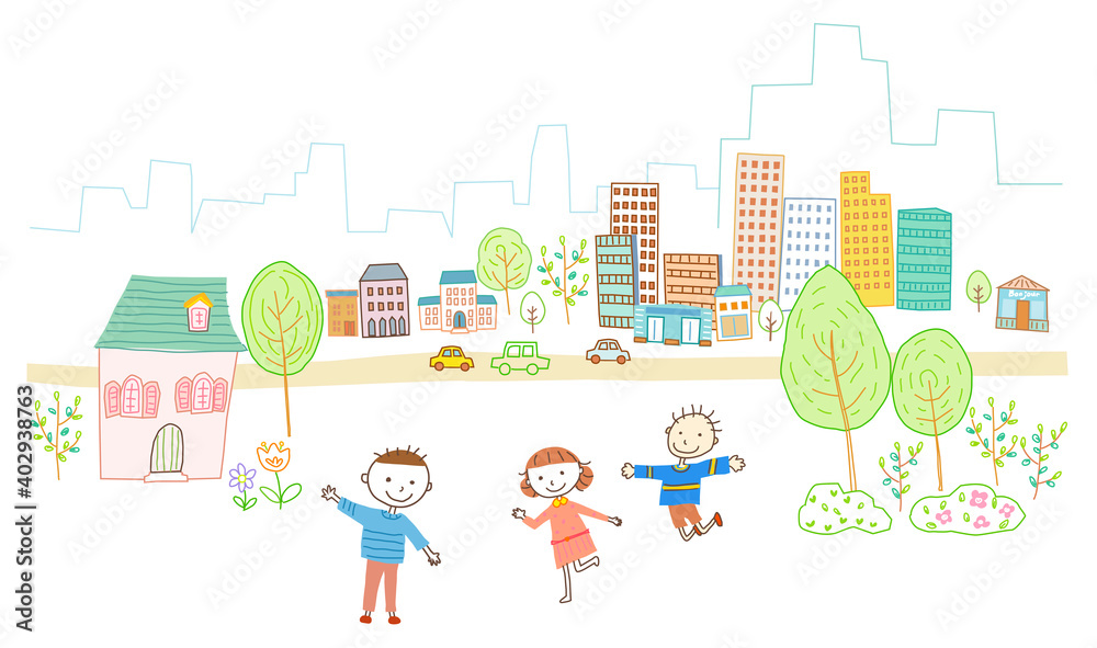 Plakat Dzieci bawiące się z miastem w tle