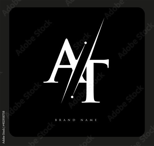 initial logo letter AT for company name black and white color and slash design. vector logotype for business and company identity.