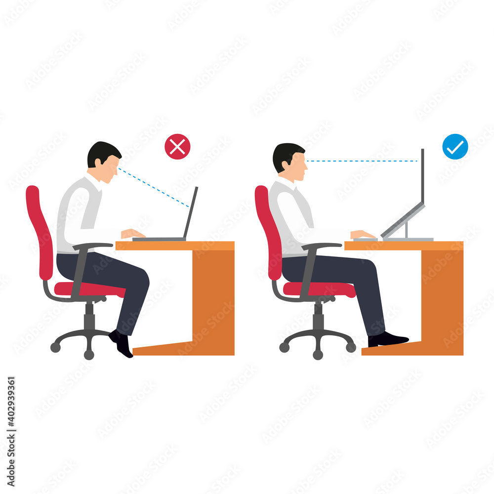 correct working position people flat vector illustration isolated on white background. Sitting posture set. Right and wrong positions. Healthy lifestyle.