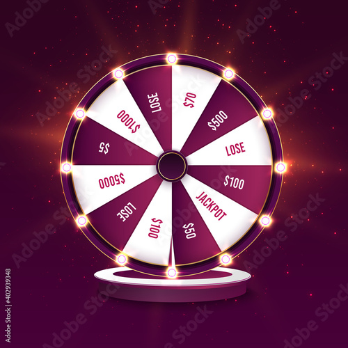 Casino spinning fortune wheel vector banner template. Rotating roulette, lottery game poster layout. Jackpot Big Win lightbulbs glowing sign. Gambling business. Game of luck playing