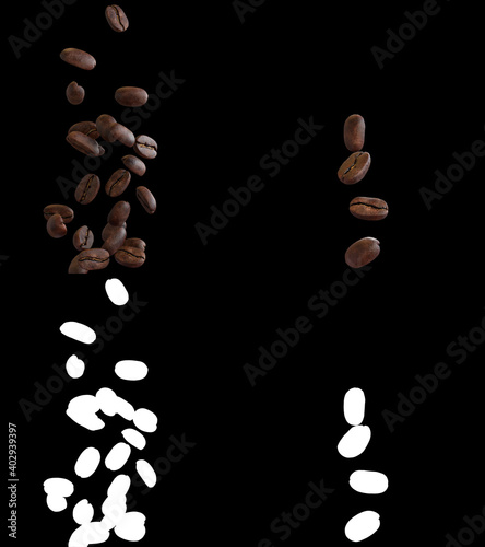 3D illustration of a coffee beans flow with alpha layer