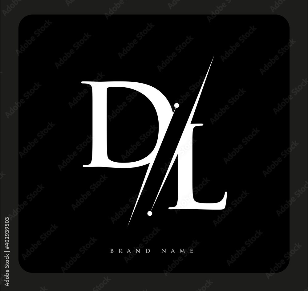initial logo letter DL for company name black and white color and slash