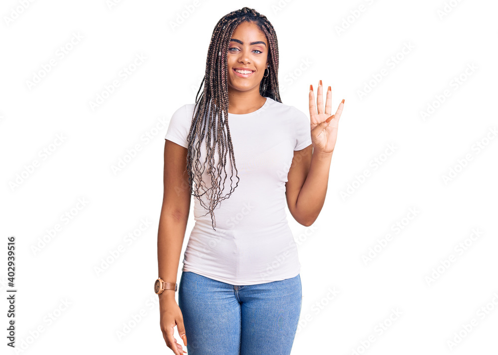 Young african american woman with braids wearing casual clothes showing and pointing up with fingers number four while smiling confident and happy.