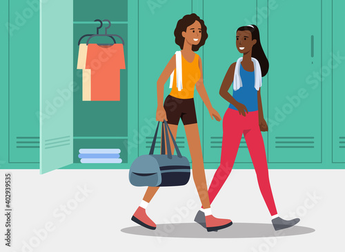 Women going to the gym while talking in the locker room holding a gym bag flat vector illustration