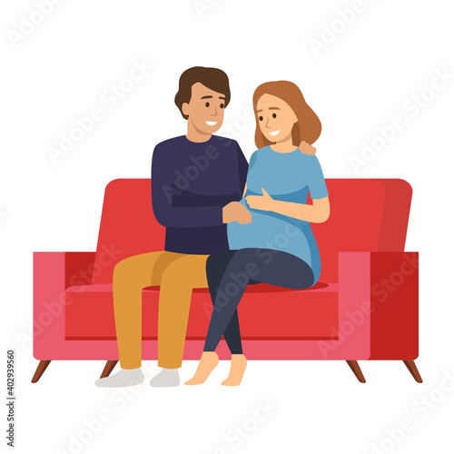 Vector illustration of man hugging pregnant woman on a couch. Happy couple concept in a flat style