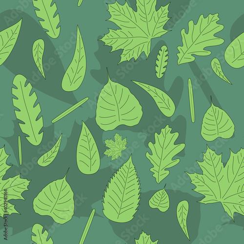 Green leaves arranged in a seamless repeating pattern against a dark green background.