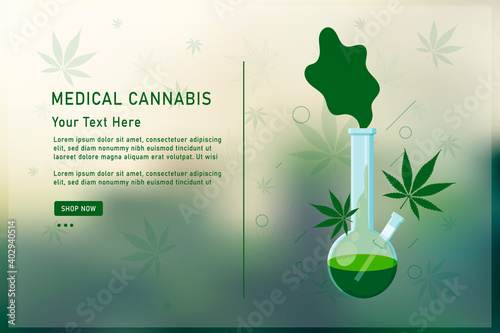 Bong and medical cannabis leaf. Realistic vector illustration showing glass bong and marijuana leaf