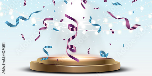 Podium with confetti. Festive vector illustration