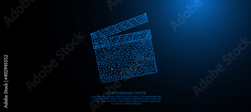 Low Poly Wireframe Banner Template for 3D Board Sheet Film Production, Filmmaking, Film Directing Equipment with Connection Dots. Multi-sided open clapboard Blue background