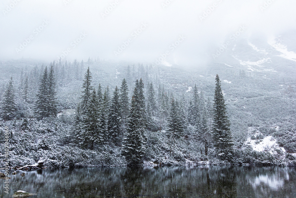 Snowing winter landscape with the lake in Tatra mountains