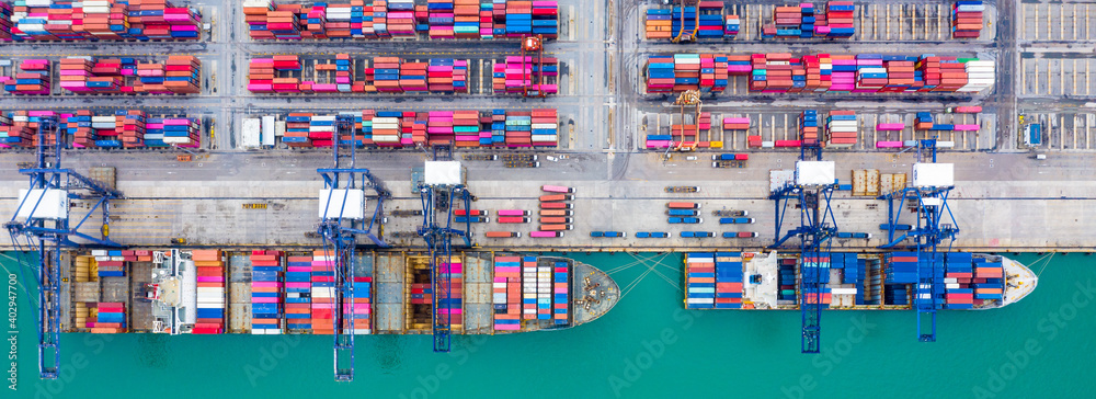 Aerial view container ship at port with crane port, Container ship carrying container import and export global business logistic and transportation, Cargo freight shipping import export company.