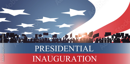 people silhouettes holding placards USA presidential inauguration day celebration concept greeting card with united states of america flag horizontal banner vector illustration