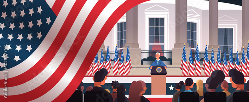 president democrat winner of United States presidential election man giving speech from tribune USA inauguration day concept horizontal portrait vector illustration