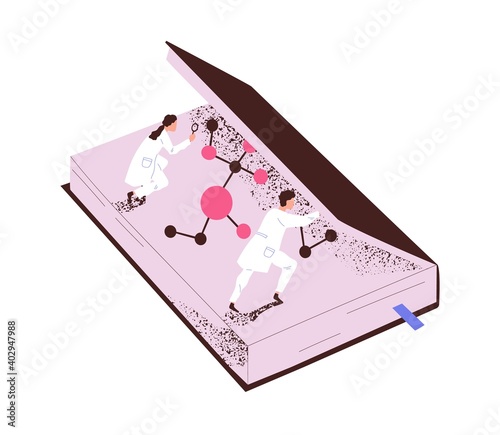 Tiny man and woman scientists opening giant book vector flat illustration. Concept of educational and science literature isolated on white background. Scientific, chemical or medical reading