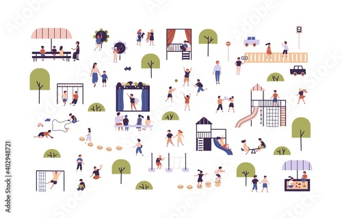 Collection of cute boys and girls enjoying outdoor activities vector flat illustration. Set of children playing games, having fun at playground, walking, spending time together isolated on white