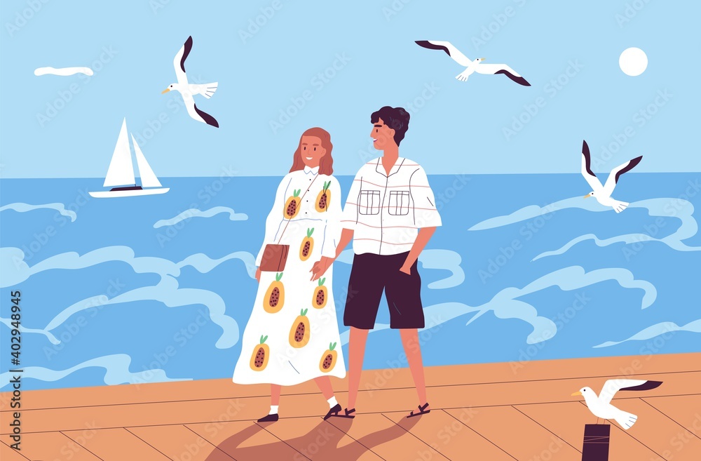 Happy couple walking on waterfront holding hands vector flat illustration. Enamored man and woman on a romantic date at seashore. People spending time together at summer vacation - obrazy, fototapety, plakaty 