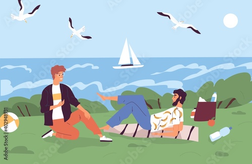 Male friends spending time together at seashore vector flat illustration. Young couple at picnic outdoors. Smiling men talking and relax at natural seascape. People enjoy summer vacation