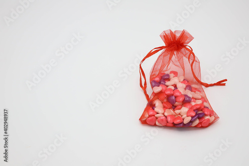 Colorful hearts were placed in a cloth bag. To give to a lover On valentine's day