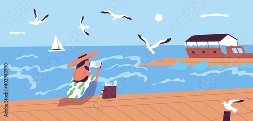Woman reading book at waterfront alone vector flat illustration. Female character spending time alone enjoying literature and summer sea landscape. Relaxed person sitting on embankment