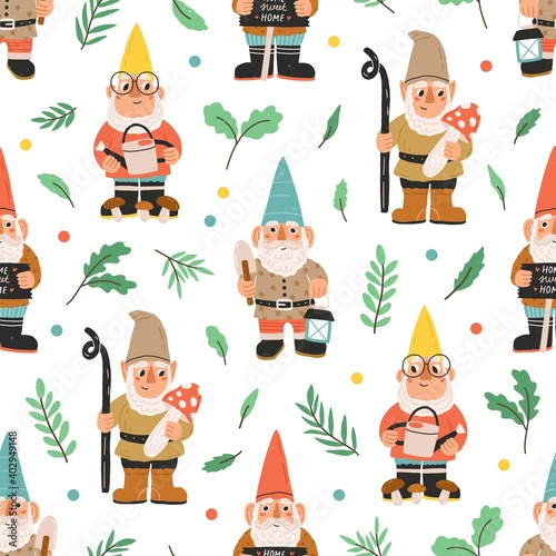 Seamless pattern with bearded gnomes, dwarfs, elves, plants, leaves and color...