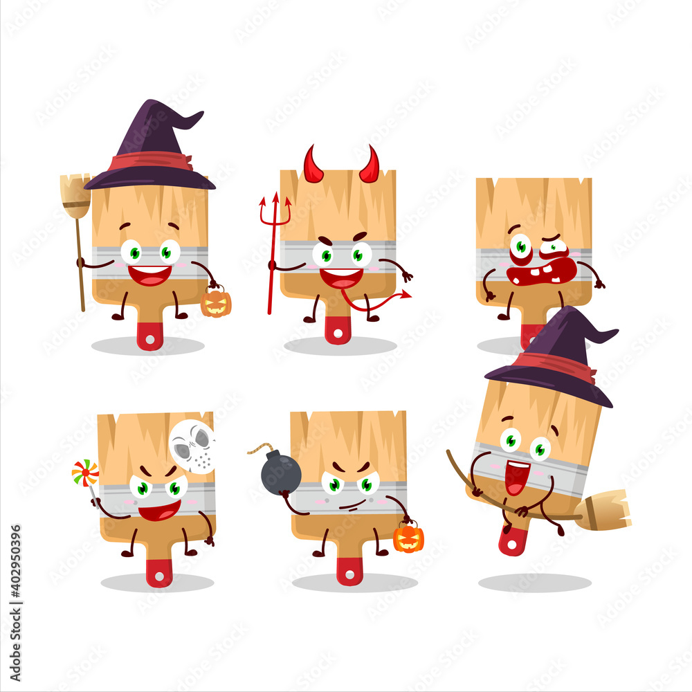 Halloween expression emoticons with cartoon character of wooden paint brushes