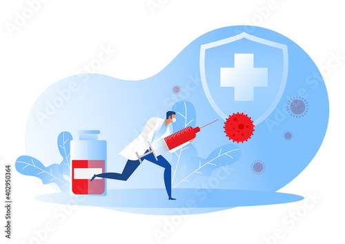 Doctor holding inject with  syringe with a vaccine bottle protection shield and virus. Medical treatment. Flat vector illustration.