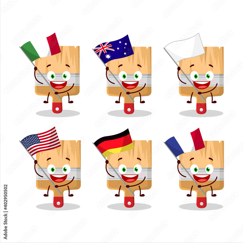 Wooden paint brushes cartoon character bring the flags of various countries Wooden paint brushes cartoon character bring the flags of various countries