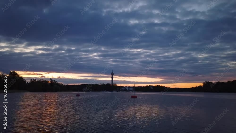Motionlapse of Djurgarden and Kaknastornet, Stockholm, cloudy sunrise