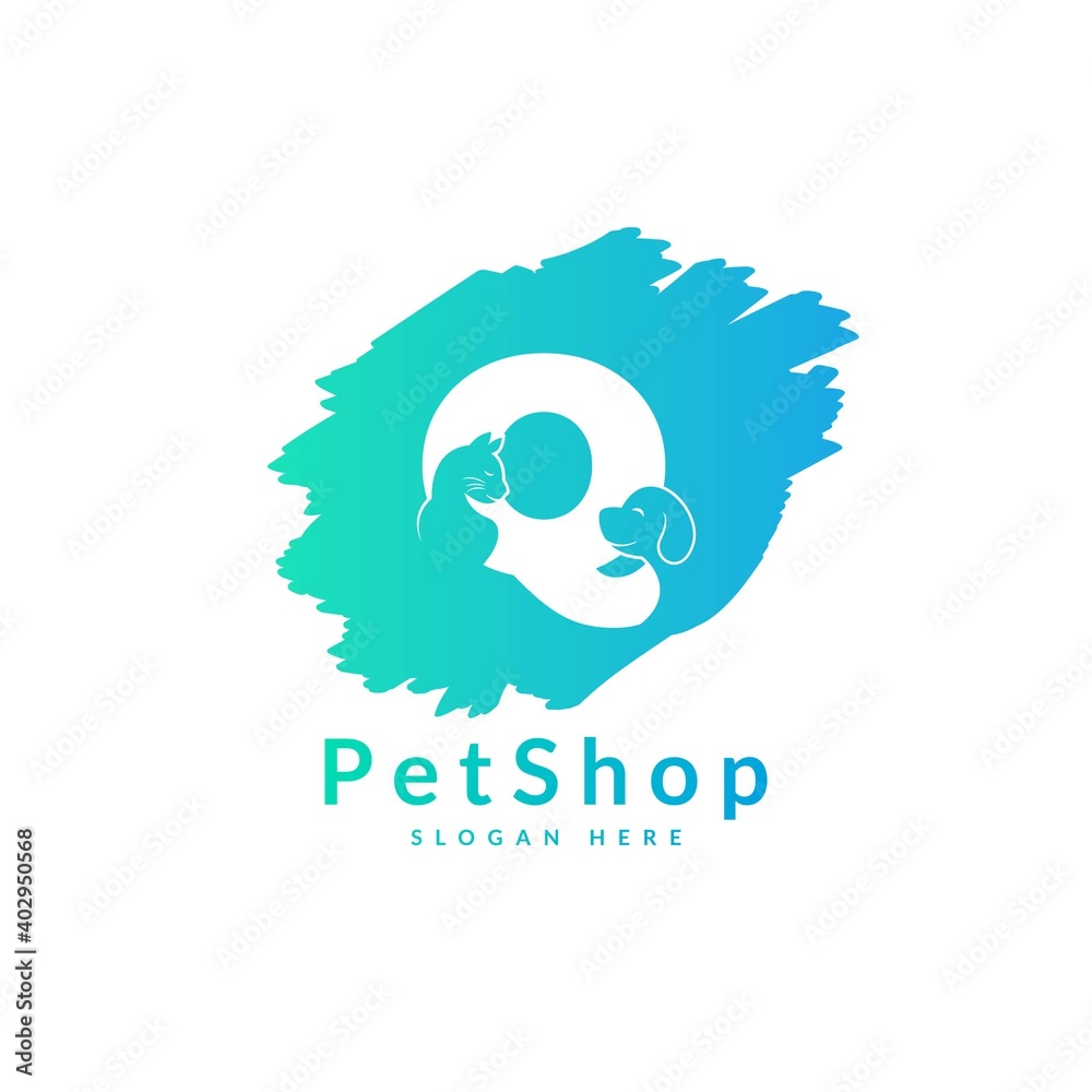 Initial letter Q. Pet logo design template. Modern animal icon for store, veterinary clinic, business service. Logo with cat and dog concept.