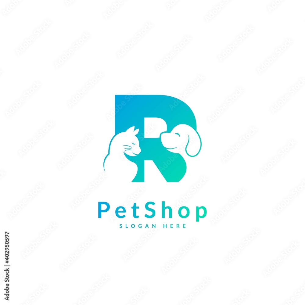Initial letter R. Pet logo design template. Modern animal icon for store, veterinary clinic, business service. Logo with cat and dog concept.