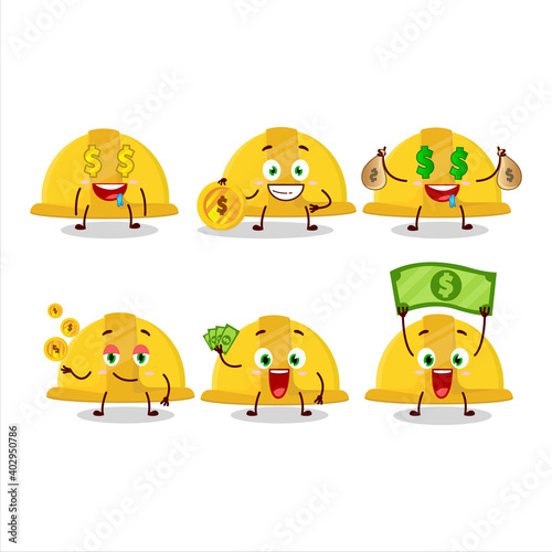 Yellow construction helmet cartoon character with cute emoticon bring money