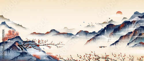 Mountain peaks full of plum blossoms, ancient oriental paintings, and oriental classical paintings of Asia.Ink and wash landscape painting. photo