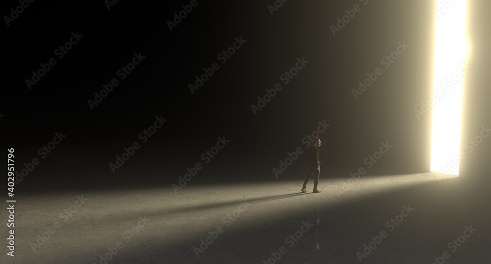 Businessman walking towards an open gate of light.