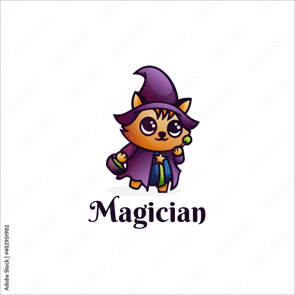Vector Logo Illustration Magician Mascot Cartoon Style.