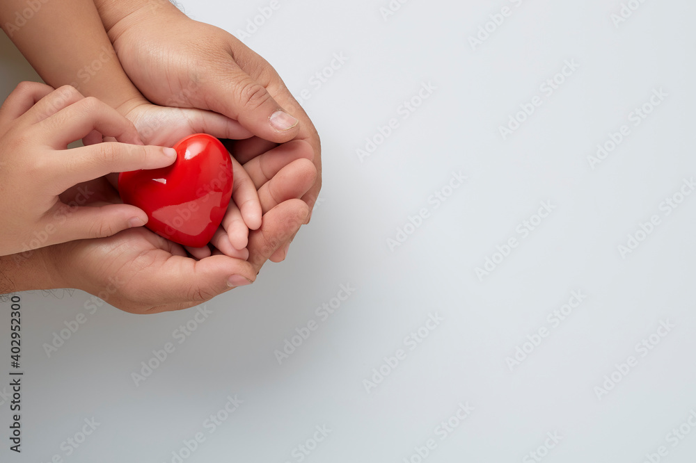 Hands of man and child with a red heart Hands of man and child with a red heart