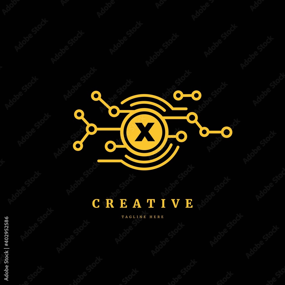Obraz premium Initial letter X with connected circle. Technology logotype. Luxury dots logo design concept, fit for company and business.