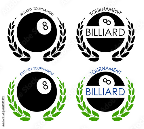 symbols sport ball for billiard on white background with winner laurel wreath. Pool and snooker competition. Isolated vector