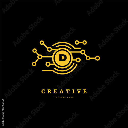 Initial letter D with connected circle. Technology logotype. Luxury dots logo design concept, fit for company and business.