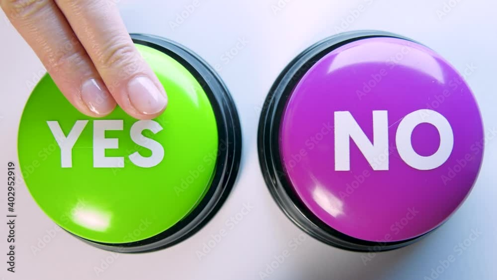 Hesitant Yes Doubtful hesitant woman choosing between Yes or No buttons. Positive ...