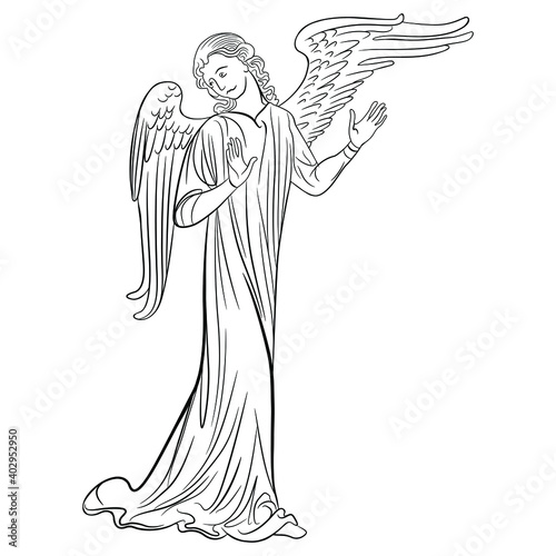 Standing medieval angel. Fantastic Christian winged mythological character. Black and white silhouette. Vintage Gothic style.
