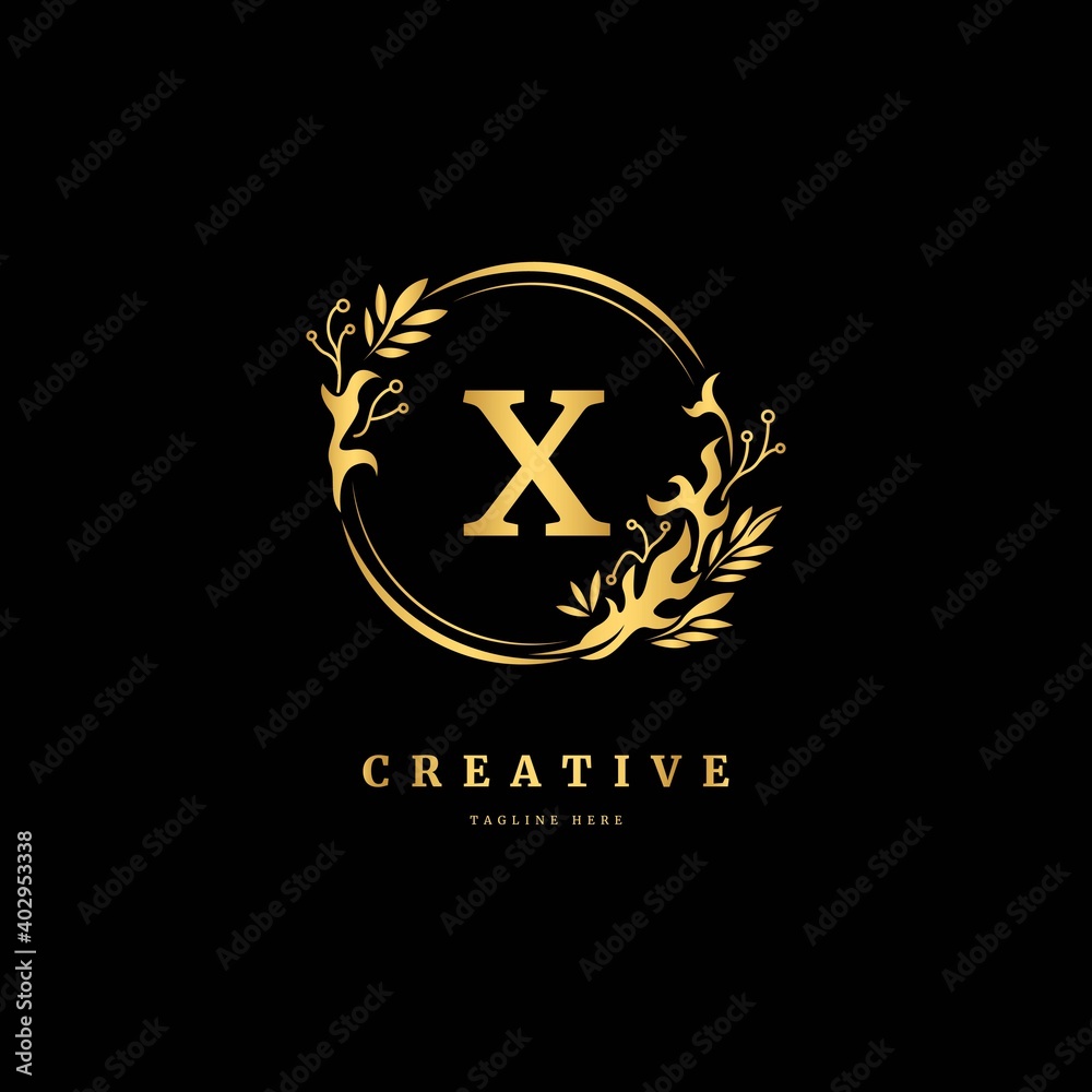 Initial letter X with leaf logo vector concept element, letter X logo with floral ornament Initial letter X with leaf logo vector concept element, letter X logo with floral ornament