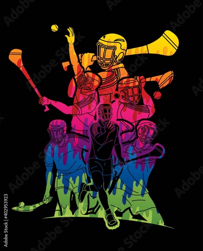 Group of Hurling sport players action. Irish Hurley sport cartoon graphic vector.
