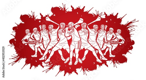 Group of Hurling sport players action. Irish Hurley sport cartoon graphic vector.